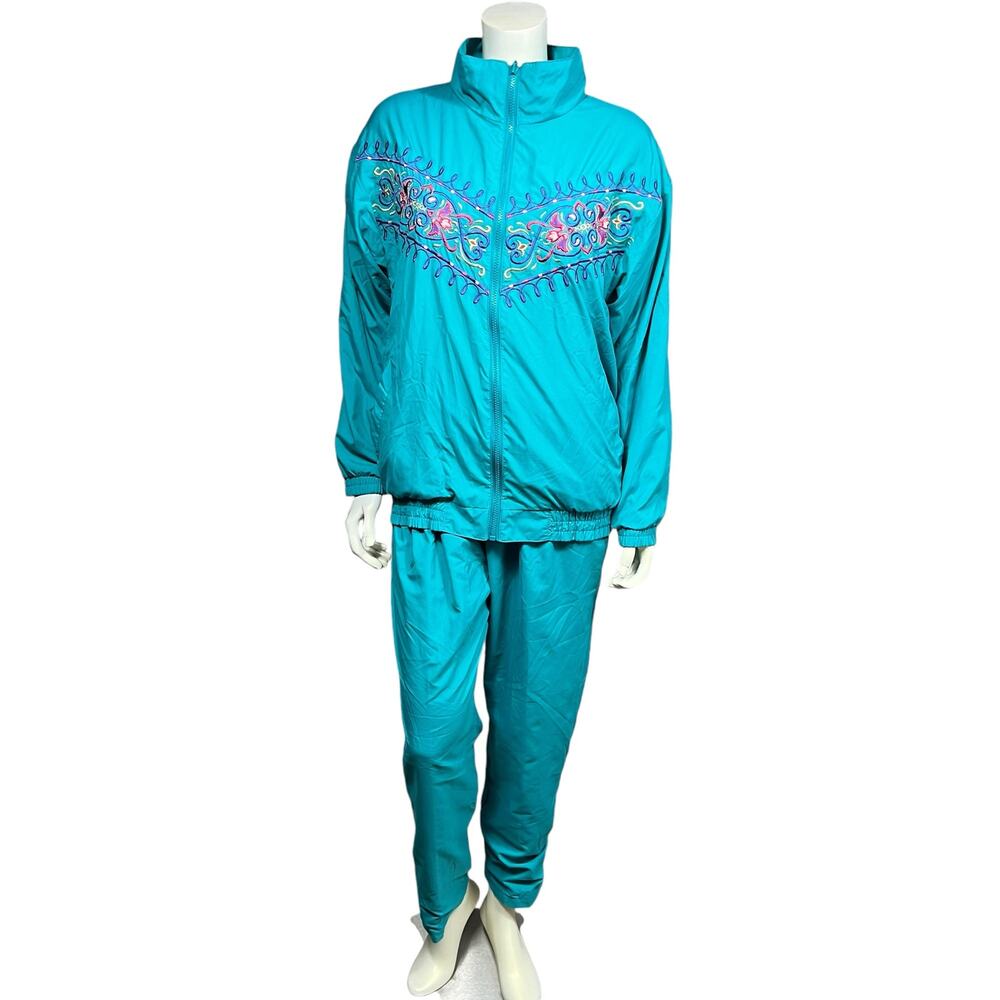 Vintage 90s Adolfo Sport Teal Embroidered Floral Windbreaker Track Set Small